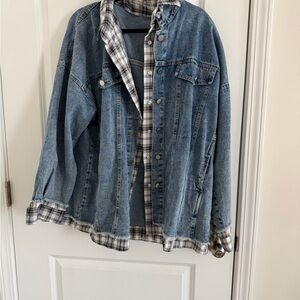 Blue Denim Jacket with Plaid Lining - Casual Layering Jacket